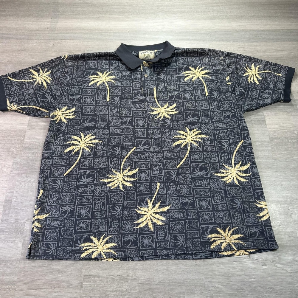 Bamboo Cay Polo Shirt Mens 3XL Black Palm Tree Hawaiian Tropical Resortwear